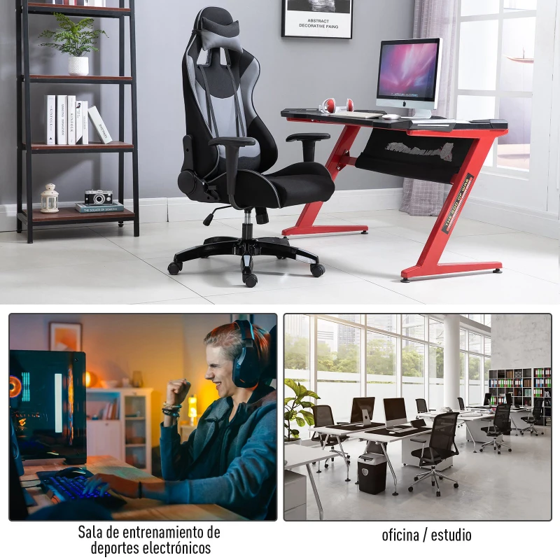 Vinsetto Silla Gaming de Ordenador Silla Gamer Profesional Ergonómica de Oficina Reclinable Altura Inclinación Ajustable 64x70x120-127cm Gris PU