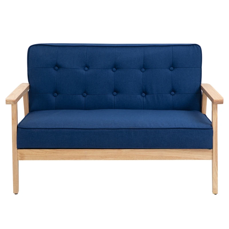 HOMCOM Sofá de 2 Plazas con Respaldo y Cojines Acolchados Patas de Madera Antideslizantes Botones con Mechones Salón Dormitorio Oficina 114x66x69 cm Azul