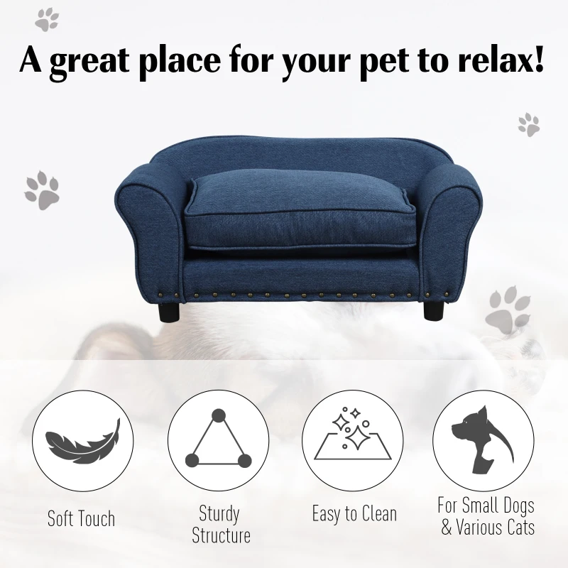 PawHut Stylish Linen Pet Sofa w/ Wood Frame Metal Studding Cushion Legs Dog Cat Blue