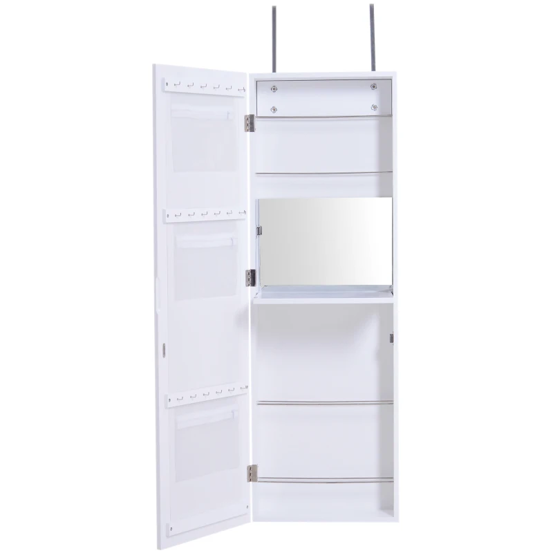 HOMCOM Espejo Joyero de Pared Armario para Joyas Guardajoyas Espejo Interior Montado en Pared Colgado en Puerta Madera 36x11.5x108.5cm Blanco