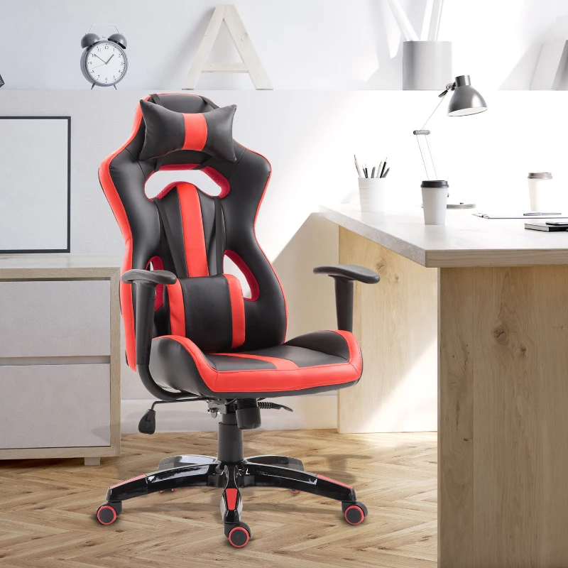 HOMCOM Silla Gaming Profesional Silla de Juego Oficina Ergonómica Estilo Deportivo Giratorio Reposacabezas y Cojín Lumbar Reclinable Altura Ajustable Cuero Sintético PU