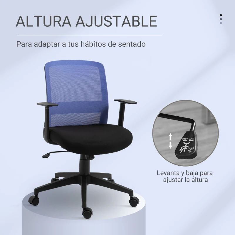 Vinsetto Silla de Oficina Ligera Silla Escritorio Giratoria con Altura Ajustable Reposabrazos Soporte Lumbar Respaldo Transpirable y Función Basculante 58x60x89-99 cm Azul