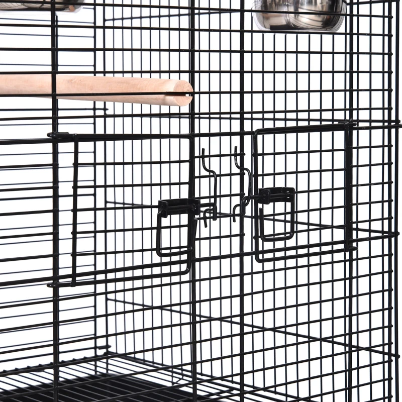 PawHut Jaula para Pájaros con Soporte y Ruedas Jaula Grande de Metal con Bandeja Extraíble 4 Puertas y 2 Comederos para Loros Guacamayos 53x53x153 cm Negro