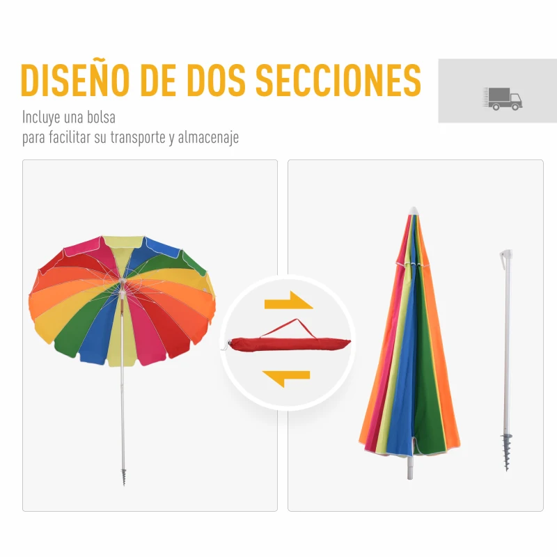 Outsunny Sombrilla de Aluminio Reforzado Ø220 cm con Espiral Poste Desmontable y Bolsa de Tranporte Diseño Arcoíris Fácil Anclaje para Playa Jardín Multicolor