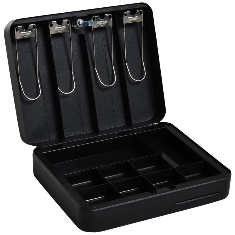 HOMCOM Caja de Efectivo con Bandeja para Dinero 4 para Billetes Múltiples Comportamientos Cerradura con Llave de Alta Seguridad Agujero Conveniente Manija Acero 30x24x9 cm Negro