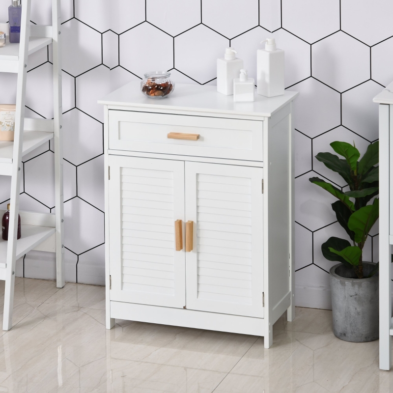 kleankin Armario Auxiliar para Baño Mueble Organizador Multifuncional con Cajón Estante Ajustable Interno 2 Puertas de Persianas 59x29x80cm