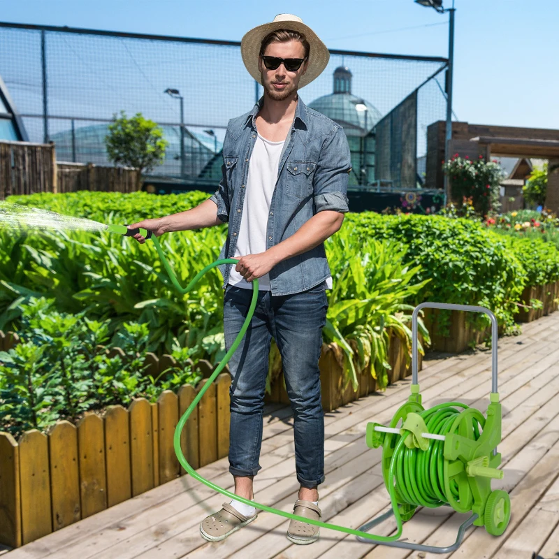 Outsunny Carro Portamanguera Carrete para Manguera Móvil 45m Roll-up Manual con manivela con Pistola de Pulverización Conector de agua para Jardín Terraza