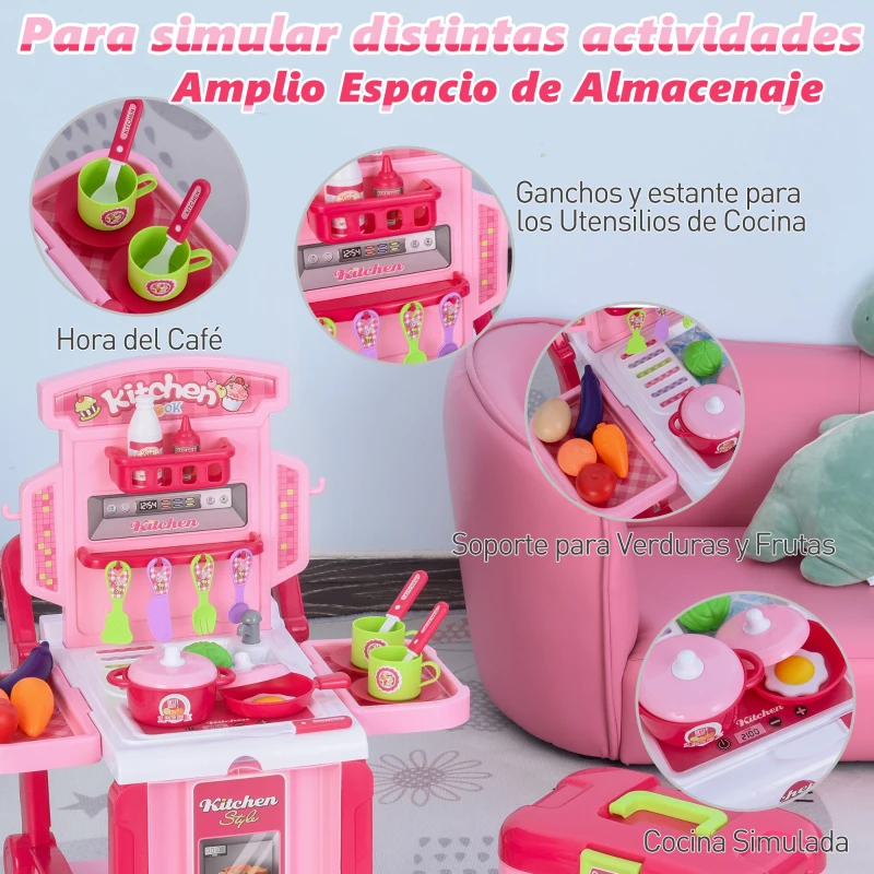 HOMCOM Juguete de Cocina Infantil Diseño 3 en 1 Cocina de Juego de Imitación Divertido para +3 Años con 42 Piezas 59,7x47x42,5 cm Rosa