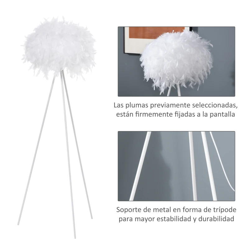 HOMCOM Lámpara de Pie con Trípode de Metal y Pantalla de Plumas con Interruptor de Pie Estilo Moderno para Dormitorio Sala de Estar Salón Estudio 54x54x147 cm Blanco
