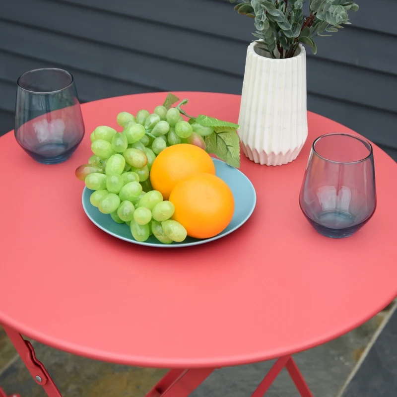 Outsunny Conjunto Muebles Plegables de Jardín de 3 piezas Mesa y 2 Sillas de Metal para Balcón Terraza Exteriores Ø60x71 cm Rojo