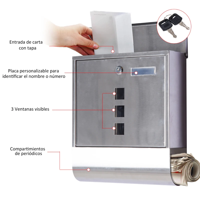 HOMCOM Buzón Exterior de Acero Inoxidable para Cartas Correo Postal