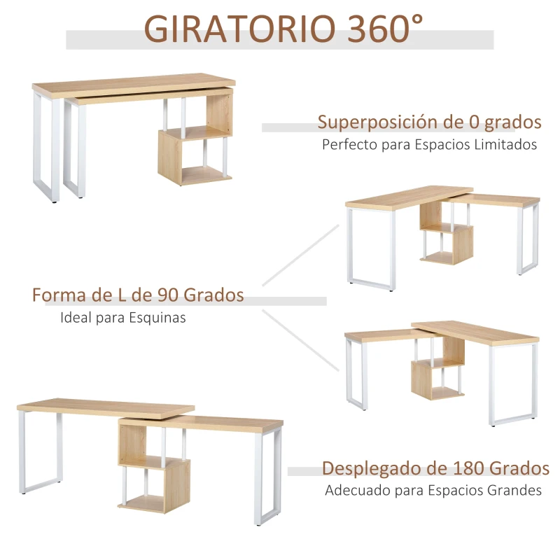 HOMCOM Mesa Escritorio en L Mesa para Oficina Giratoria 360 Grados Múltiples Formas con Estante en S de 2 Niveles Gran Espacio de Almacenaje 220x55x76 cm Roble