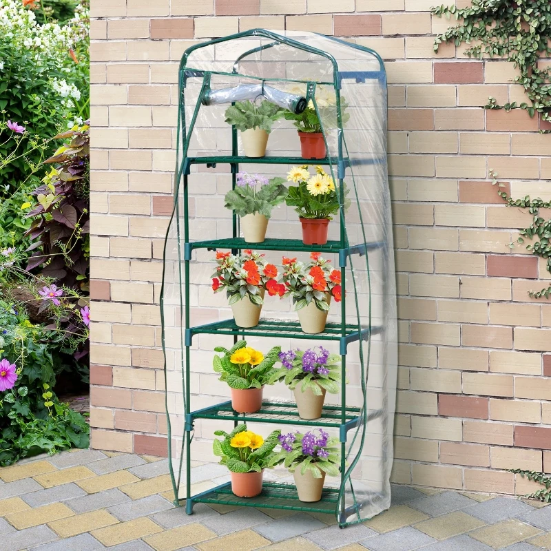 Outsunny Invernadero de Jardín Vertical 69x49x193cm con 5 Estantes Vivero Casero para Plantas y Cultivos con Cubierta Transparente PVC y Acero Verde