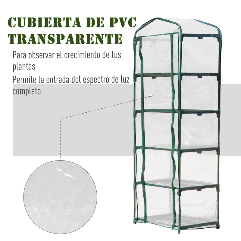 Outsunny Invernadero de Jardín Vertical 69x49x193cm con 5 Estantes Vivero Casero para Plantas y Cultivos con Cubierta Transparente PVC y Acero Verde