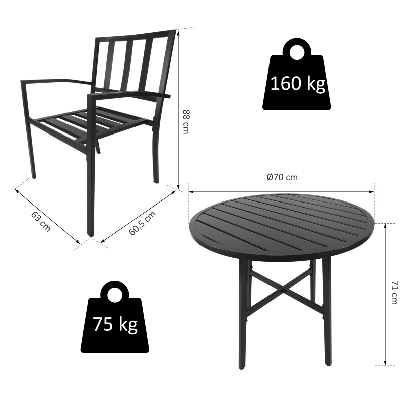 Outsunny Conjunto de Muebles de Exterior de 3 piezas Mesa de Jardín y 2 Sillas a juego con Reposabrazos Incorporados en Negro