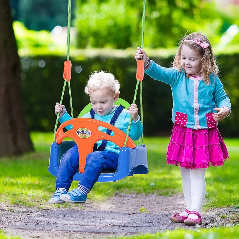 Columpio Infantil para Bebés con Cinturón Respaldo Alto y Barrera de Seguridad con Cuerdas Carga 25kg 39.5x28x125 cm Verde Azul Naranja