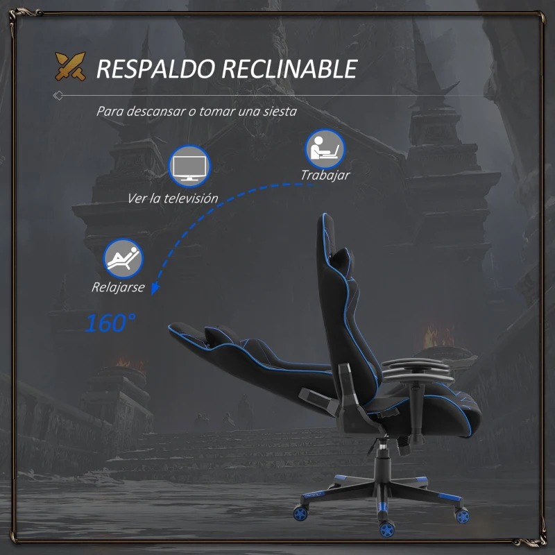 Vinsetto Silla Gaming Ergonómica Silla Reclinable con Altura Ajustable Asiento Giratorio Reposabrazos Ajustable Reposacabezas y Cojín Lumbar 72x77x127-137 cm Negro