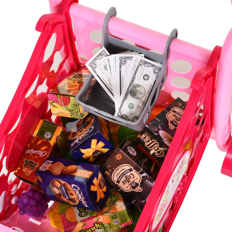 HOMCOM Set de Carrito de Compras para Niños Mayores de 3 Años Juego de Roles Educativo Juguete Infantil con 38 Piezas 41,5x33,5x48,5 cm Rosa