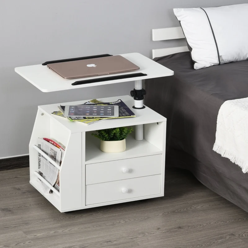 HOMCOM Mesa de Sofá para Salón Dormitorio Mesita de Noche Multifuncional 2 Cajones Compartimento Revistero Lateral Tabla Giratoria con 4 Ruedas 60x40x80-90 cm Blanco