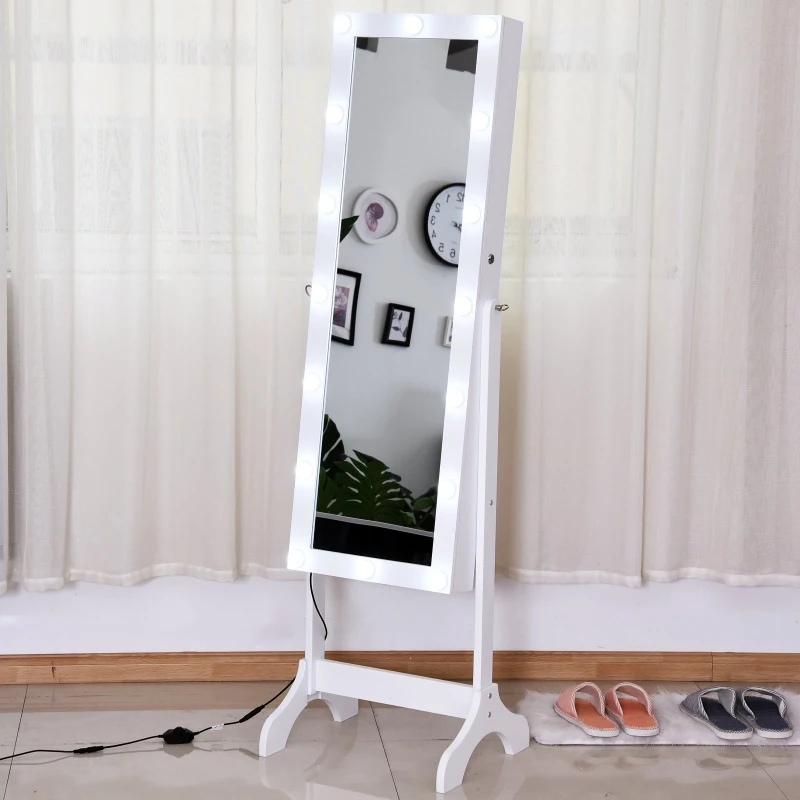 HOMCOM Joyero de Pie con Espejo Armario para Joyas 16 Luces LED Reclinable Guardajoyas Anillos Pendientes Collares Cerradura Madera 49x40x157.5cm Blanco