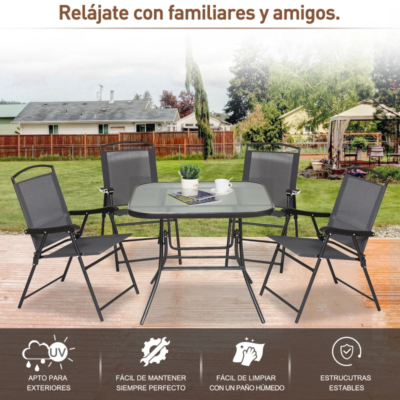 Outsunny Outdoor Juego de Comedor de Jardín de 5 Piezas Sillas y Mesas Plegables Muebles Exteriores para Terraza con Orificio para Sombrillas