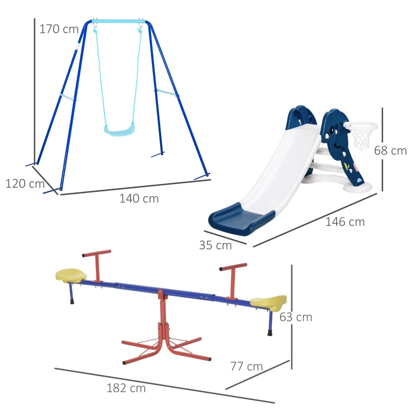 Outsunny Tobogán Infantil Columpio y Balancín Giratorio 360 Grados para Niños de +3 Años con Canasta de Baloncesto Base de 4 Varillas 140x120x170 cm Multicolor