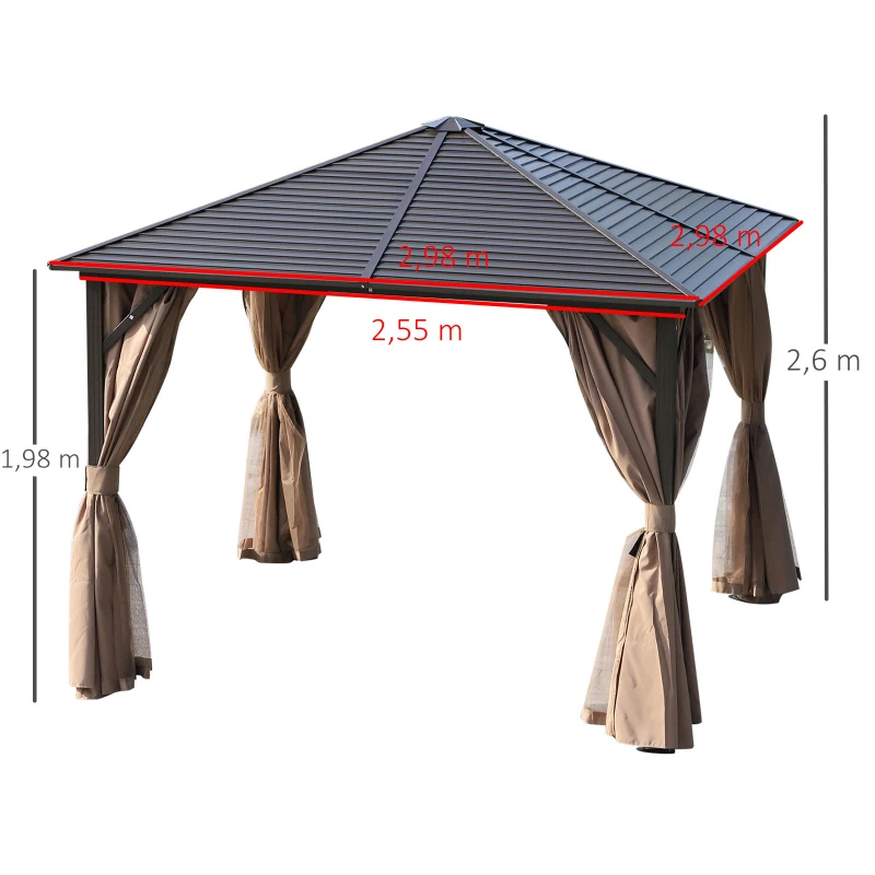 Outsunny Gazebo Pabellón Exterior Jardín 3x3m Carpa Cenador de Lujo Marco de Aluminio con Pared Lateral y Mosquitero para Fiesta Eventos
