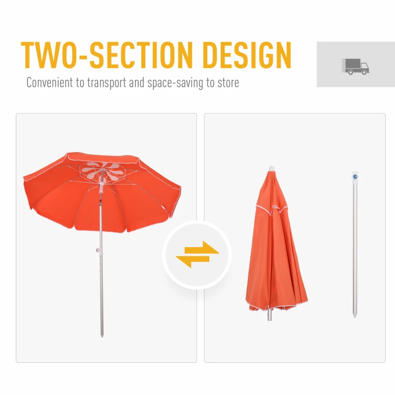 Outsunny Arc. 1.9m Beach Umbrella w/ Adjustable Angle Pointed Design Carry Bag Orange