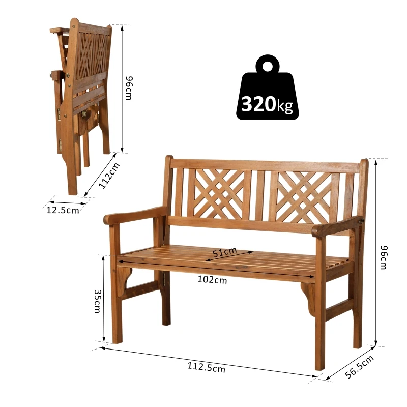 Outsunny Banco de Jardín de 2 Plazas Banco Plegable para Patios Silla de Madera de Acacia Diseño de Calado para Exteriores 112.5x56.5x96cm