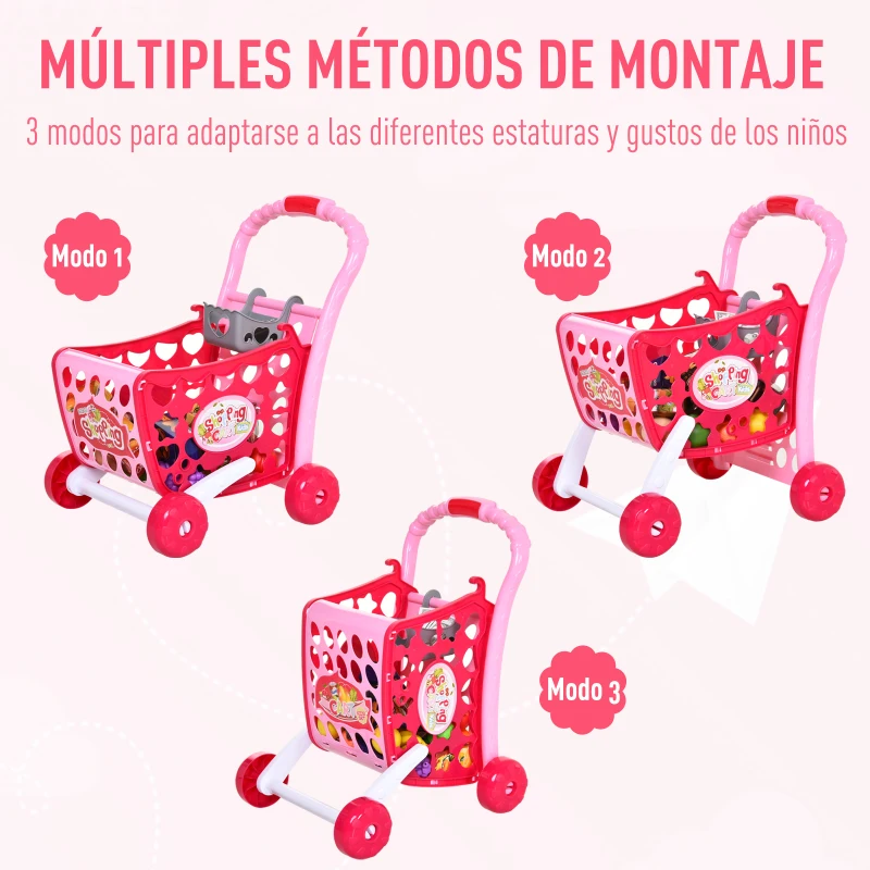 HOMCOM Set de Carrito de Compras para Niños Mayores de 3 Años Juego de Roles Educativo Juguete Infantil con 38 Piezas 41,5x33,5x48,5 cm Rosa