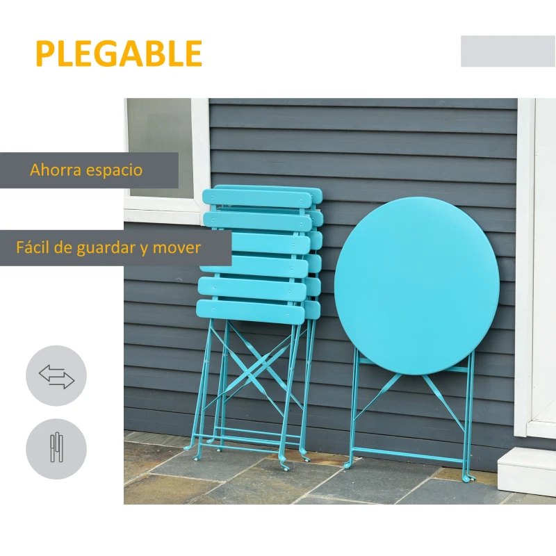 Outsunny Conjunto Muebles Plegables de Jardín de 3 piezas Mesa y 2 Sillas de Metal para Balcón Terraza Exteriores Ø60x71 cm Azul
