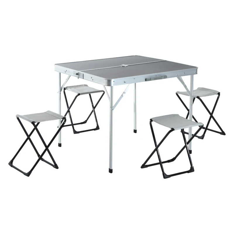 Outsunny Mesa de Camping Plegable con 4 Sillas de Aluminio con Agujero de Parasol para Picnic, Jardín o Terraza
