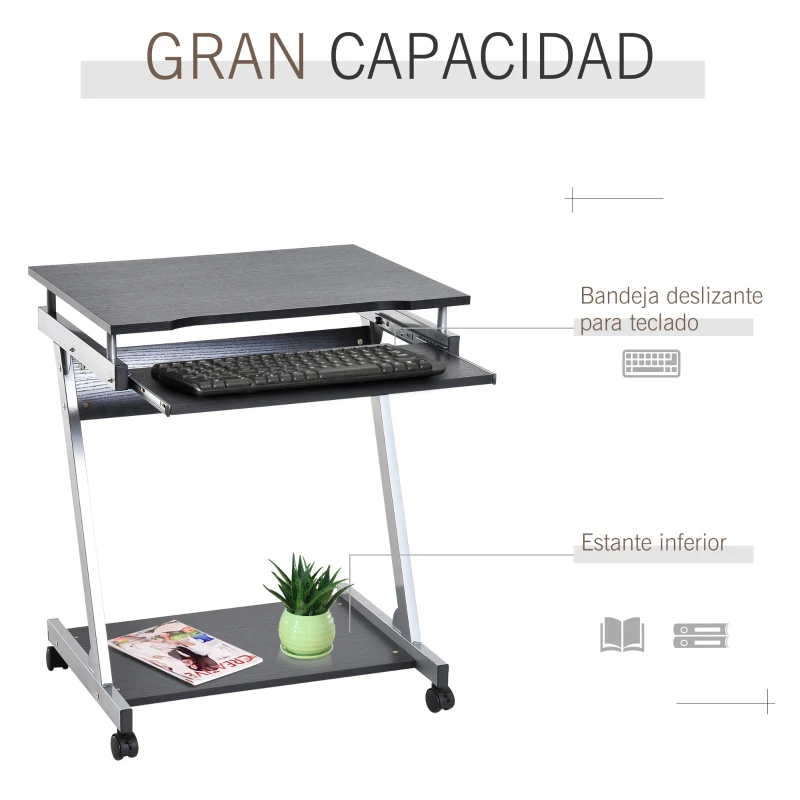 HOMCOM Mesa de Ordenador Escritorio de Computadora para Hogar Oficina en Forma Z Mesa Compacta con Ruedas  60x48x73cm Color Negro