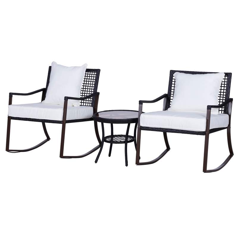Outsunny 3 Pieces Rocking Chair Bistro Set Furniture Coffee Table Rattan Wicker Brown