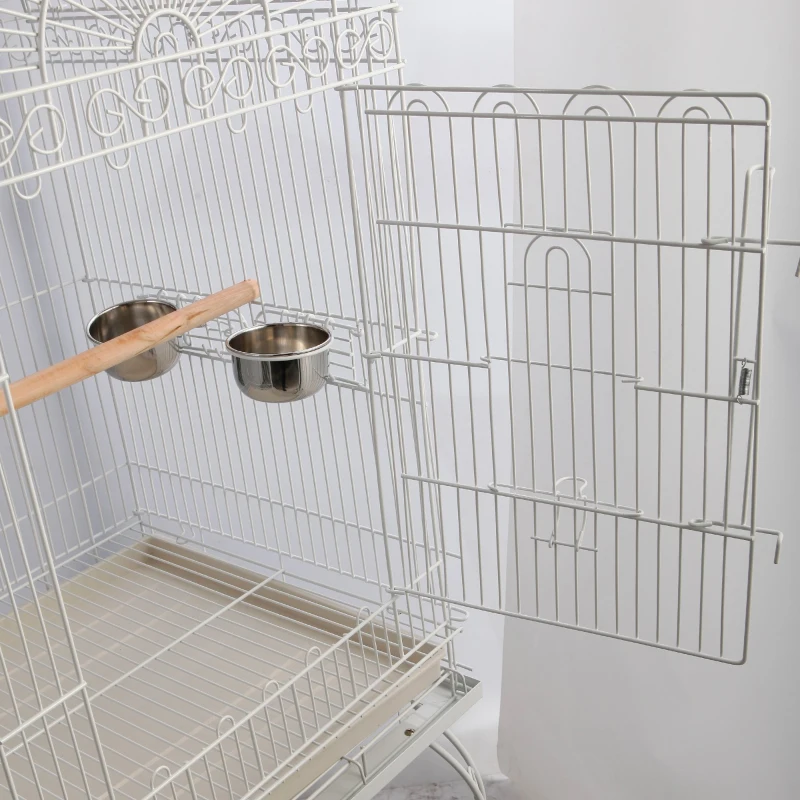 PawHut Jaula de Pájaros con Ruedas Jaula de Aves Exterior con Bandeja Extraíble Rejilla 2 Cuencos de Acero Inoxidable Estante y Percha para Periquitos 54x54x153 cm Blanco