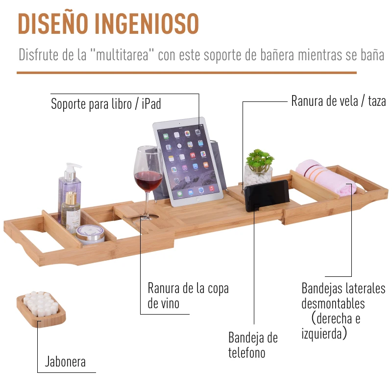 kleankin Bandeja de Baño Bañera de Bambú Extensible con Jabonera Toallero Soporte para Copa de Vino Soporte de Tableta Teléfono Libros 73.5-108x23x6cm