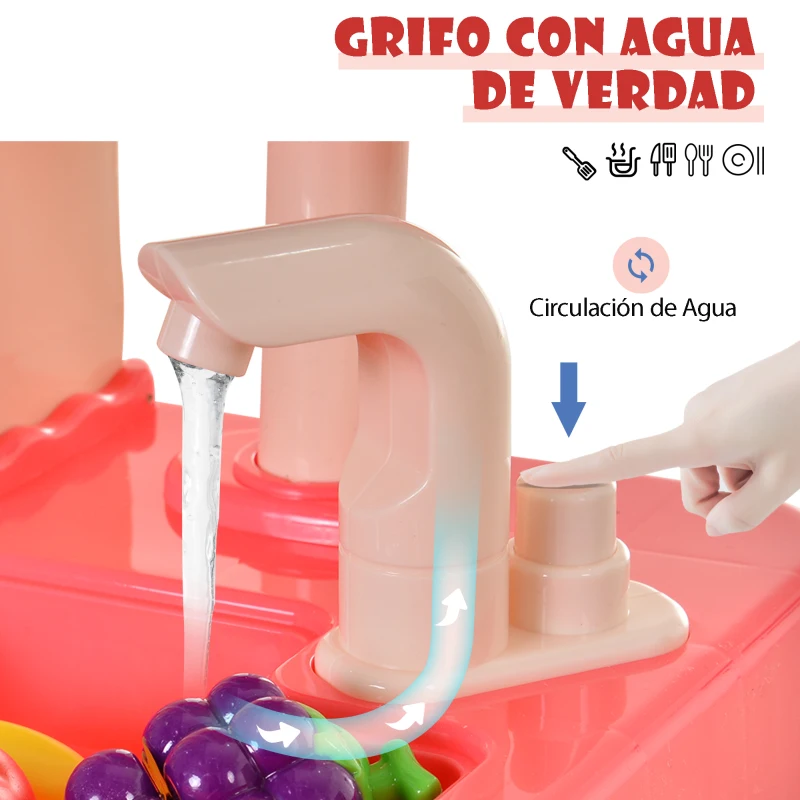 HOMCOM Cocinita para Niños con Luces Música Absoluta Funciones de Agua Cocina de Juguete Infantil 65 Piezas Alimentos Cubiertos +3 Años 71x28,5x93,5 cm Rosa