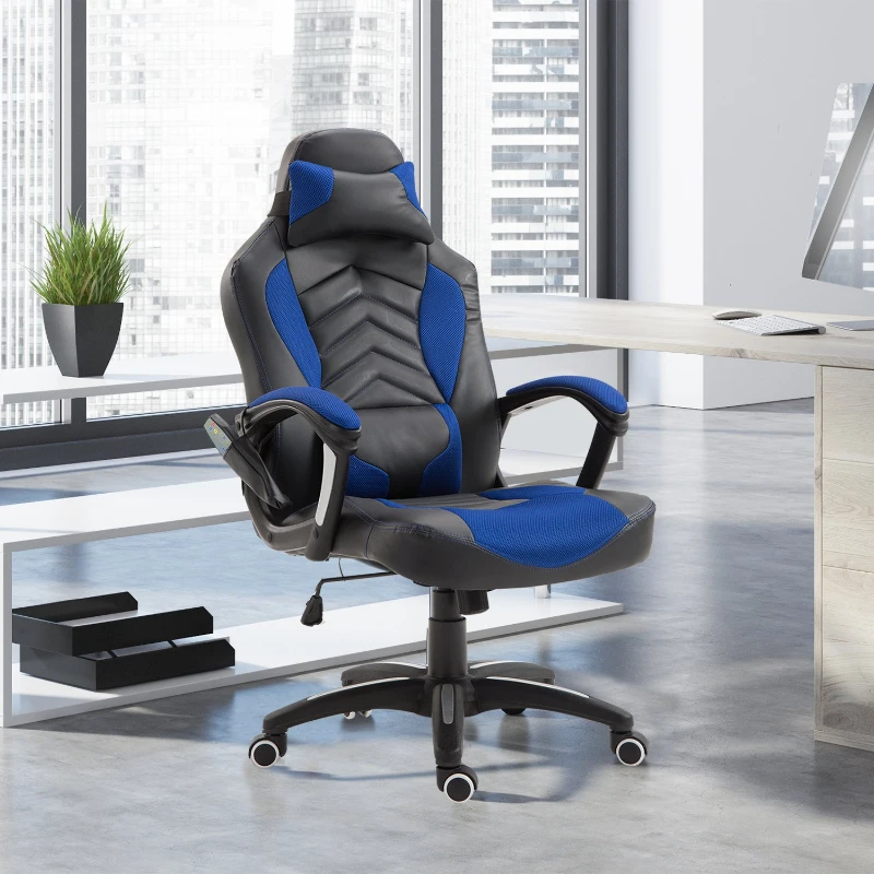 HomCom® Silla de Oficina Gaming con 6 Puntos de Masaje y Calefacción 2 Almohadas con Mando a Distancia 68x69x108-117cm Negro y Azul