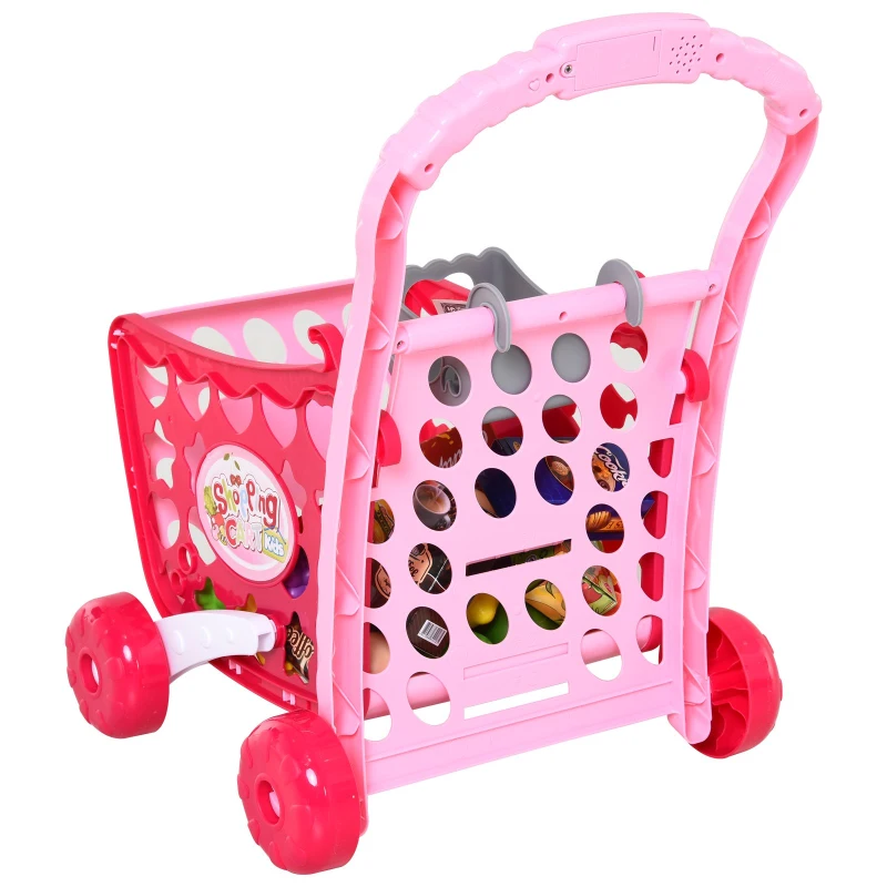 HOMCOM Set de Carrito de Compras para Niños Mayores de 3 Años Juguete Infantil 38 Piezas Funciones de Música y Luz 41,5x33,5x48,5 cm Rosa