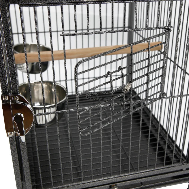 PawHut Jaula para Pájaros Portátil Jaula para Agapornis con 2 Perchas de Madera 2 Comederos de Acero Inoxidable y Bandeja Extraíble para Periquitos Canarios 45,7x35,5x45 cm Negro