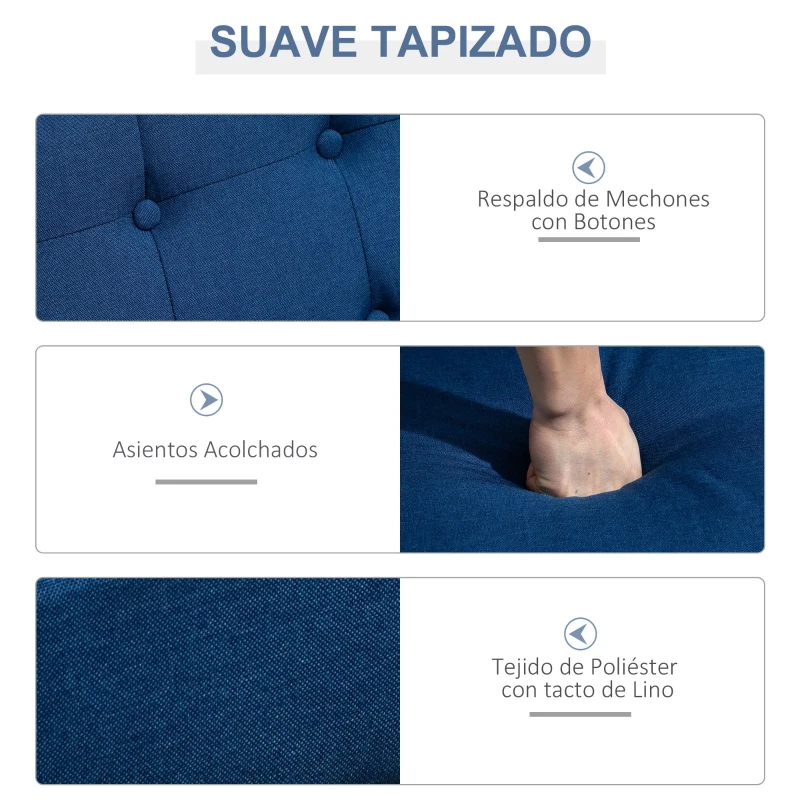 HOMCOM Sofá de 2 Plazas con Respaldo y Cojines Acolchados Patas de Madera Antideslizantes Botones con Mechones Salón Dormitorio Oficina 114x66x69 cm Azul