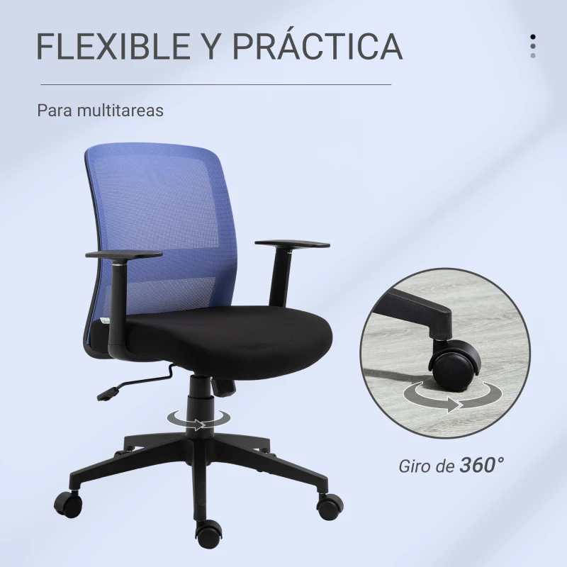 Vinsetto Silla de Oficina Ligera Silla Escritorio Giratoria con Altura Ajustable Reposabrazos Soporte Lumbar Respaldo Transpirable y Función Basculante 58x60x89-99 cm Azul