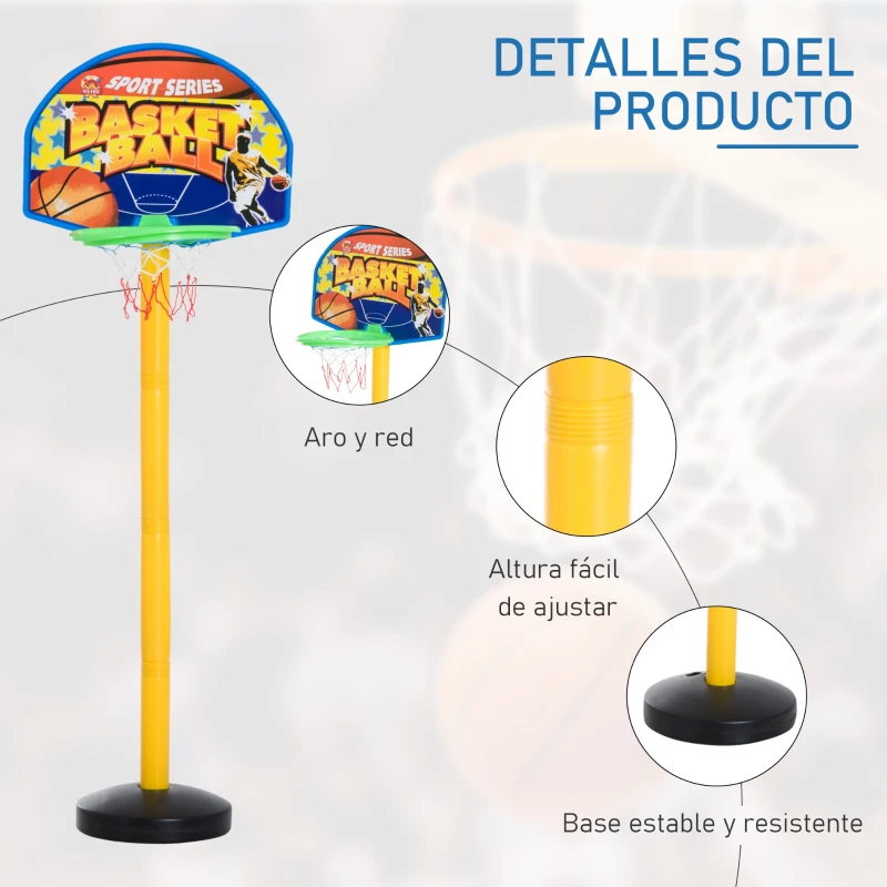 HOMCOM Aro de Baloncesto para Niños con Soporte Ajustable en Altura 60-132 cm Portátil Móvil con Base Rellenable Cesta Balones e inflador para Interior y Exterior