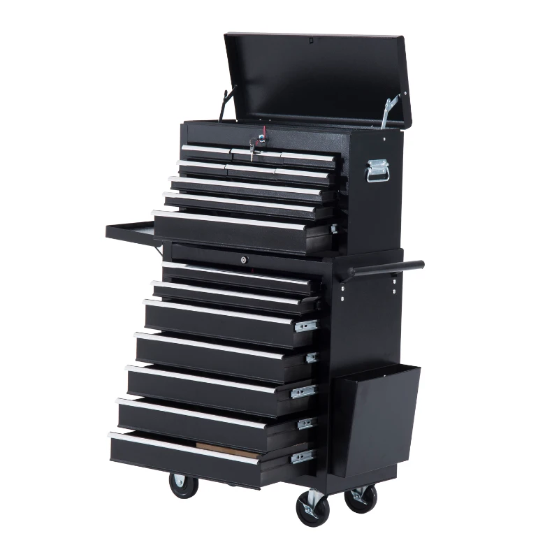 HomCom Carro de Herramientas 16 Cajones+4 Ruedas+2 Cerraduras Negro Lamina de Acero 61.5 × 33 × 113 cm