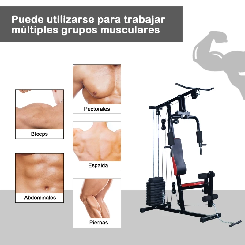 HOMCOM Multiestación de Musculación Máquina Entrenamiento con Estribo para Piernas Poleas y Placas de Peso de 45 kg para Ejercicios de Hombros Espalda Brazos Acero 125x106x205 cm Negro