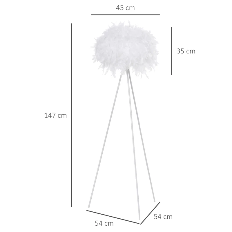 HOMCOM Lámpara de Pie con Trípode de Metal y Pantalla de Plumas con Interruptor de Pie Estilo Moderno para Dormitorio Sala de Estar Salón Estudio 54x54x147 cm Blanco