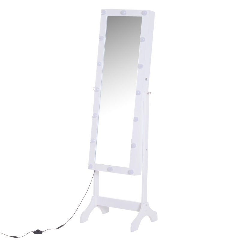 HOMCOM Joyero de Pie con Espejo Armario para Joyas 16 Luces LED Reclinable Guardajoyas Anillos Pendientes Collares Cerradura Madera 49x40x157.5cm Blanco