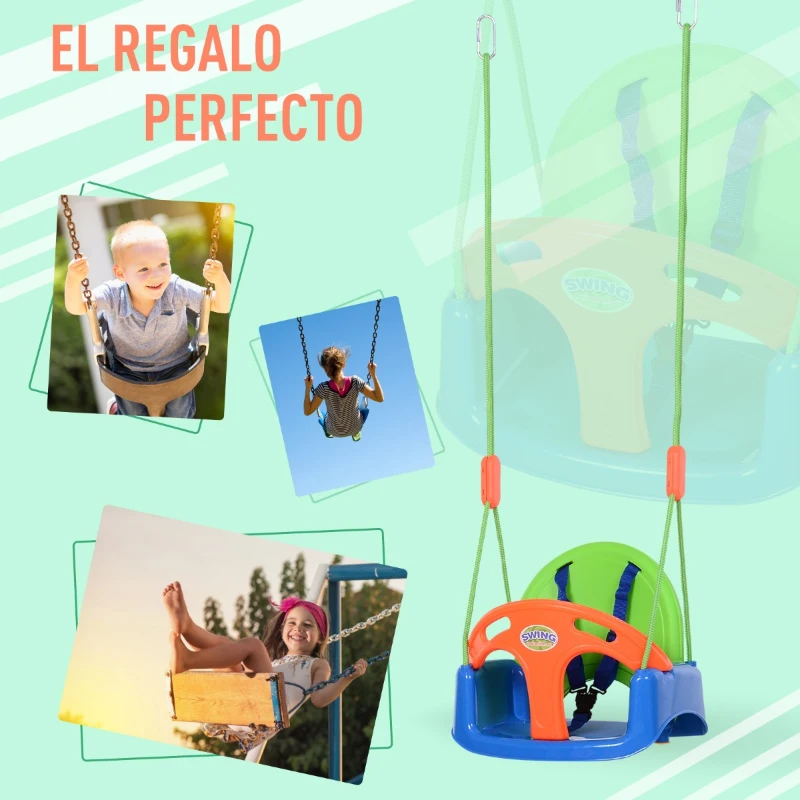 Columpio Infantil para Bebés con Cinturón Respaldo Alto y Barrera de Seguridad con Cuerdas Carga 25kg 39.5x28x125 cm Verde Azul Naranja