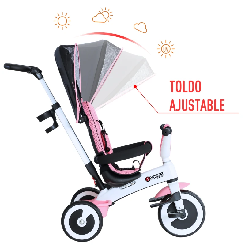HomCom® Triciclo Bebé  4 en 1 Trolley Trike Bicicletas para Niños +18 Mes Evolutivo Capota Barra y Pedales Desmontables Control Parental Juguete Aprendizaje