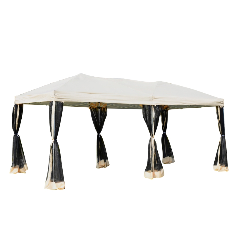 Outsunny Carpa 591x297cm Plegable Gazebo para Jardín Cenador con 6 Cortinas Mosquitera y Cremallera Bolsa Transporte Montaje Fácil Acero Tela Oxford Crema